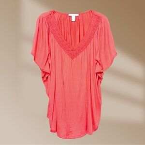 By Design Womens Top Blouse Flowy Roomy Salmon Color Sz Large Flutter Sleeve NWT